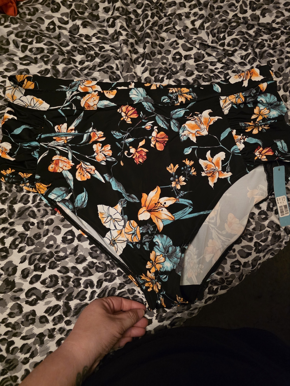 Cactus Black Floral High-Waist Bikini Bottom with Orange & Teal Flowers
